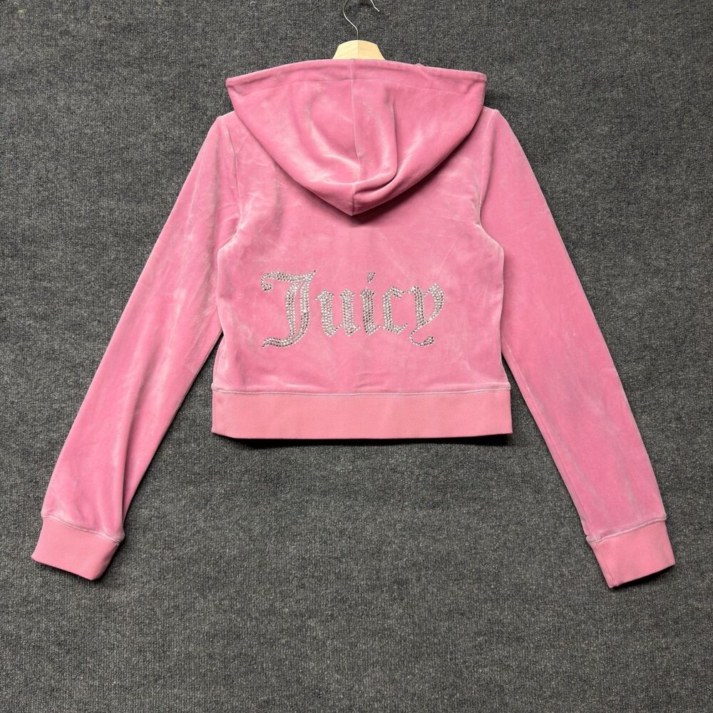 Juicy Couture Velour Hoodie Womens M Pink Full Zip Rhinestone Juicy Y2K Logo - Picture 1 of 16